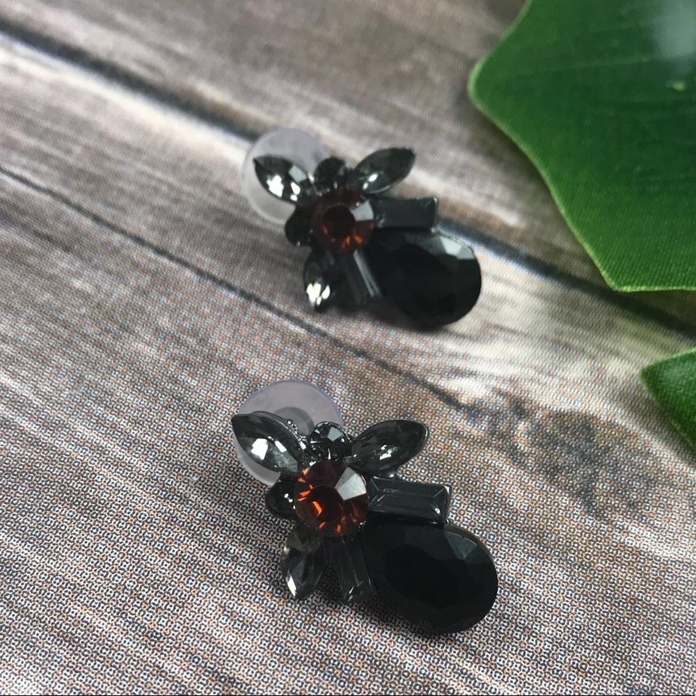 New! Black Silver Red Orange Gem Detailed Earrings